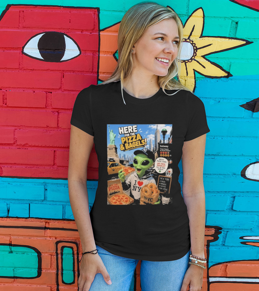 NYC Alien Loves Pizza And Bagels With Statue Of Liberty And Times Square Subway T-Shirt