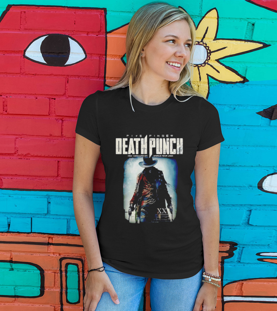 Five Finger Death Punch 20th Anniversary World Tour 2026 Cowboy Imagery With Knuckle Duster And Pistols T-Shirt