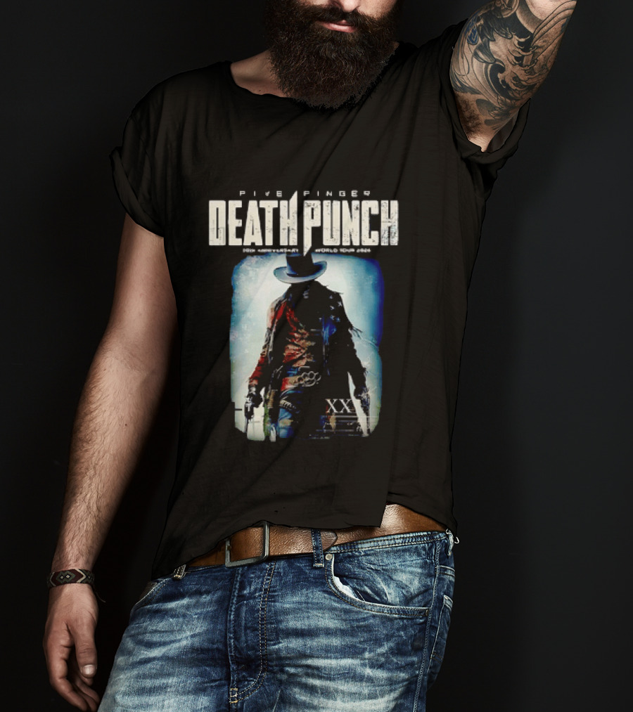 Five Finger Death Punch 20th Anniversary World Tour 2026 Cowboy Imagery With Knuckle Duster And Pistols T-Shirt