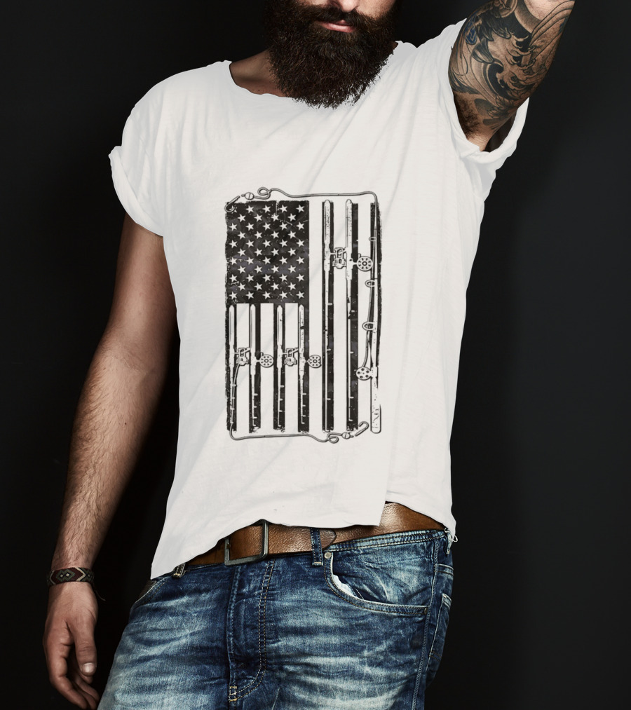 Distressed American Flag Fishing Rod Patriotic USA Angling Stars And Stripes T-Shirt