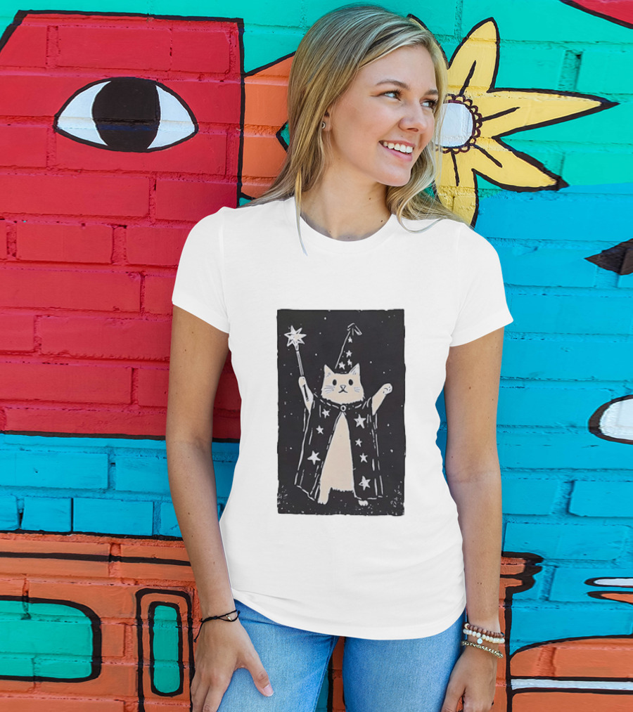 The Magician Cat Tarot Card Wizard Hat Starry Cloak Magic Wand T-Shirt