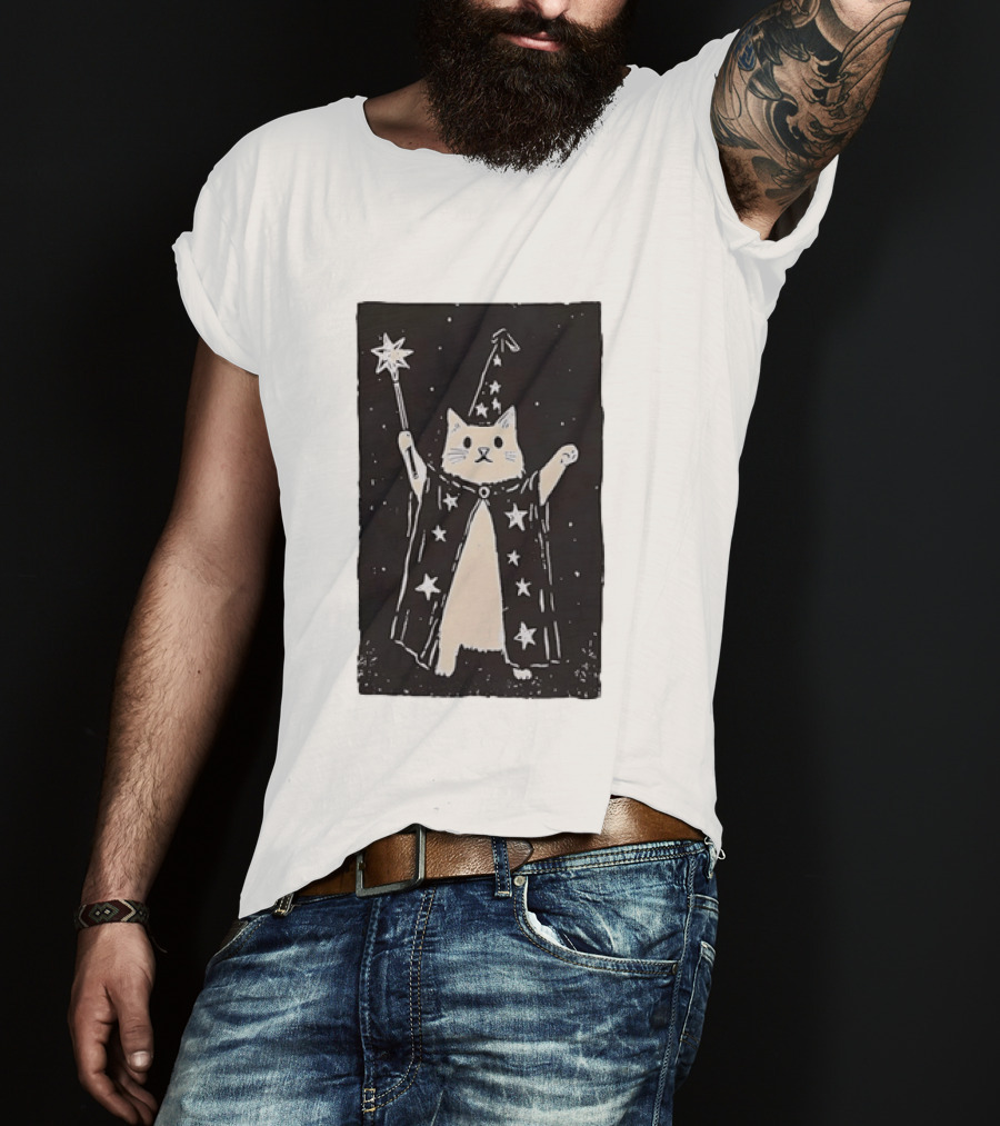 The Magician Cat Tarot Card Wizard Hat Starry Cloak Magic Wand T-Shirt