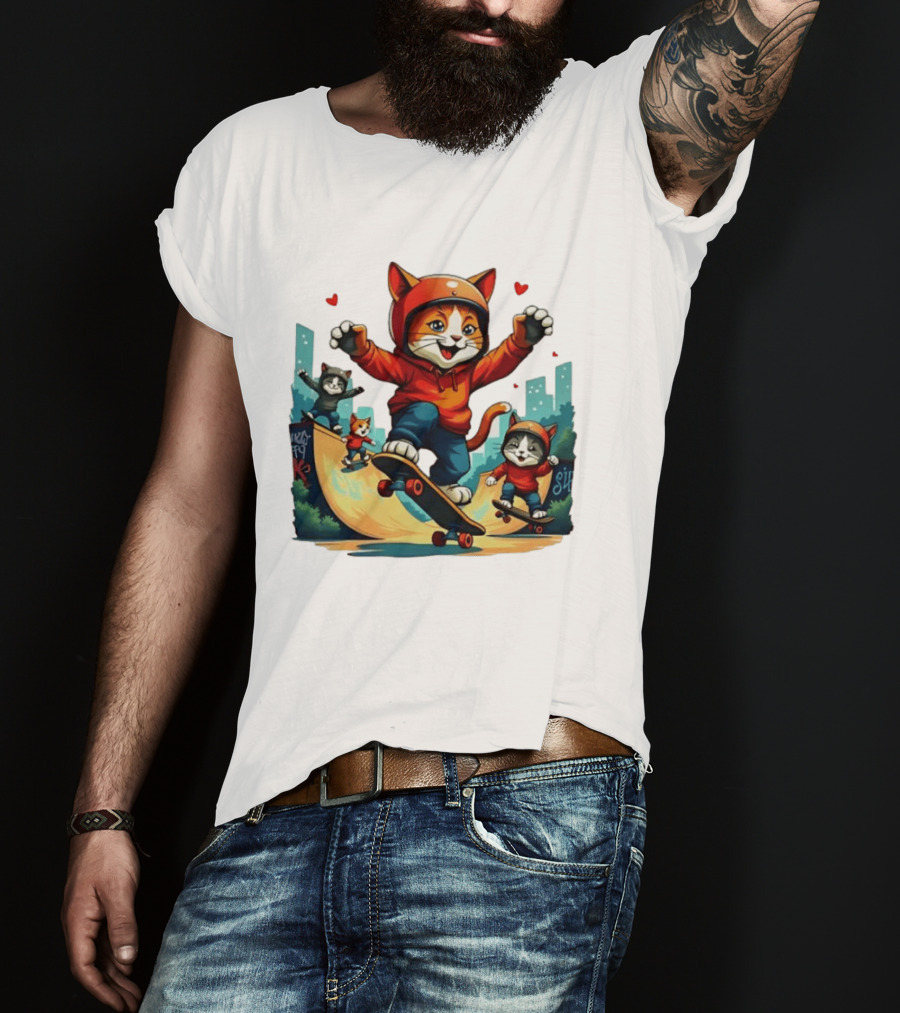 Skateboarding Cats In Helmets With Hearts And Cityscape T-Shirt