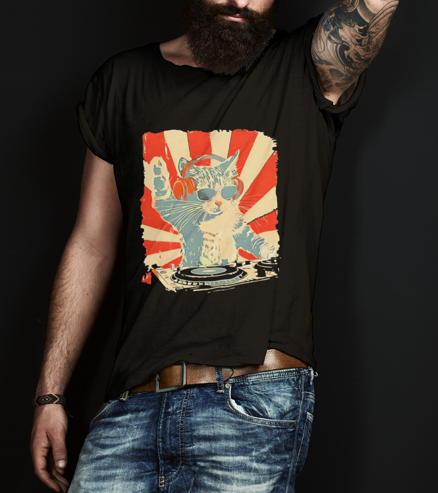 DJ Cat Headphones Sunglasses Retro Style Music Lover T-Shirt