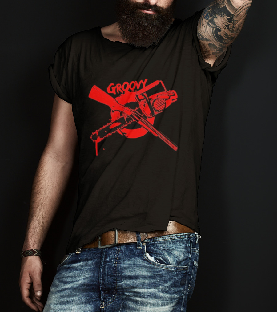 Ash Williams Evil Dead Groovy Chainsaw Shotgun T-Shirt