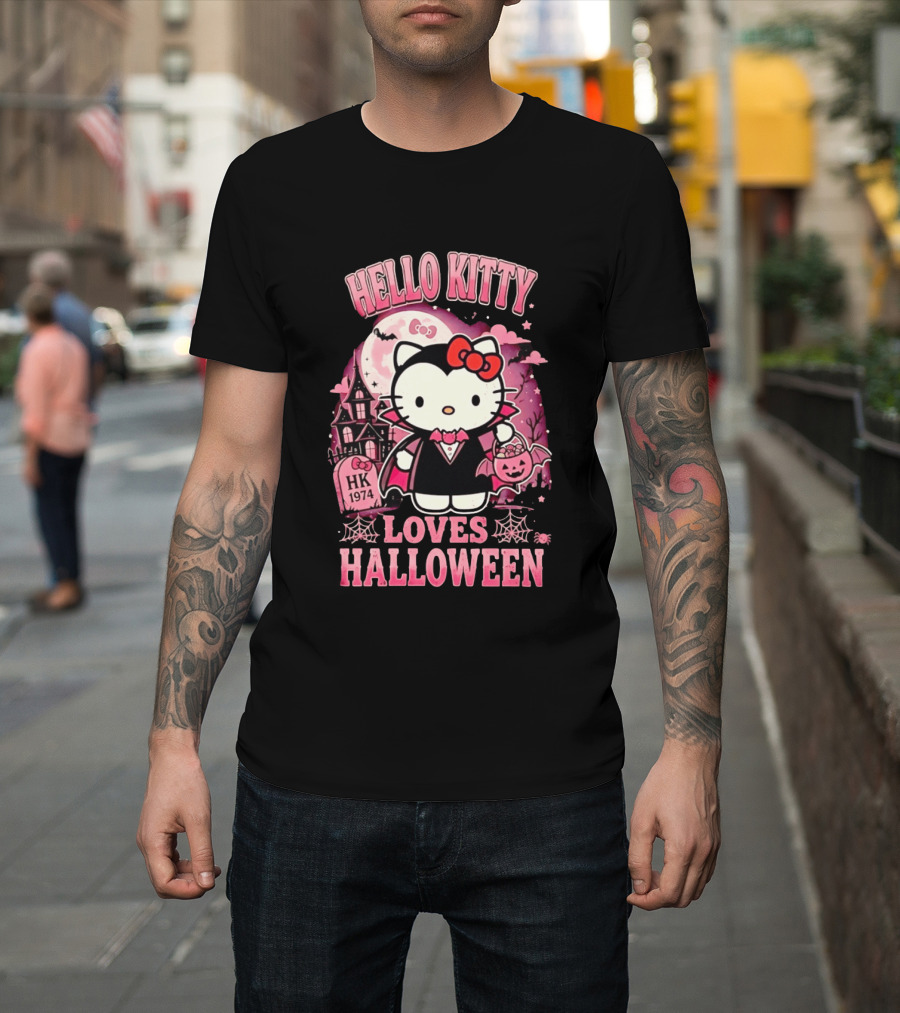 Hello Kitty Loves Halloween Vampire Costume Pink Bats And Haunted House T-Shirt