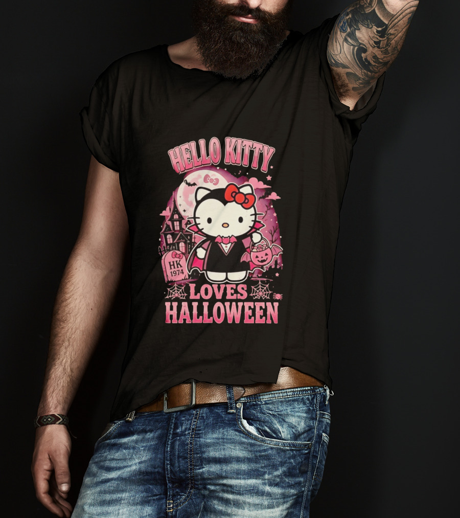 Hello Kitty Loves Halloween Vampire Costume Pink Bats And Haunted House T-Shirt