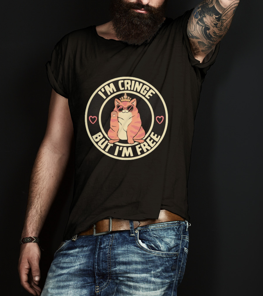 I'm Cringe But I'm Free Cat Crown Sunglasses Hearts T-Shirt