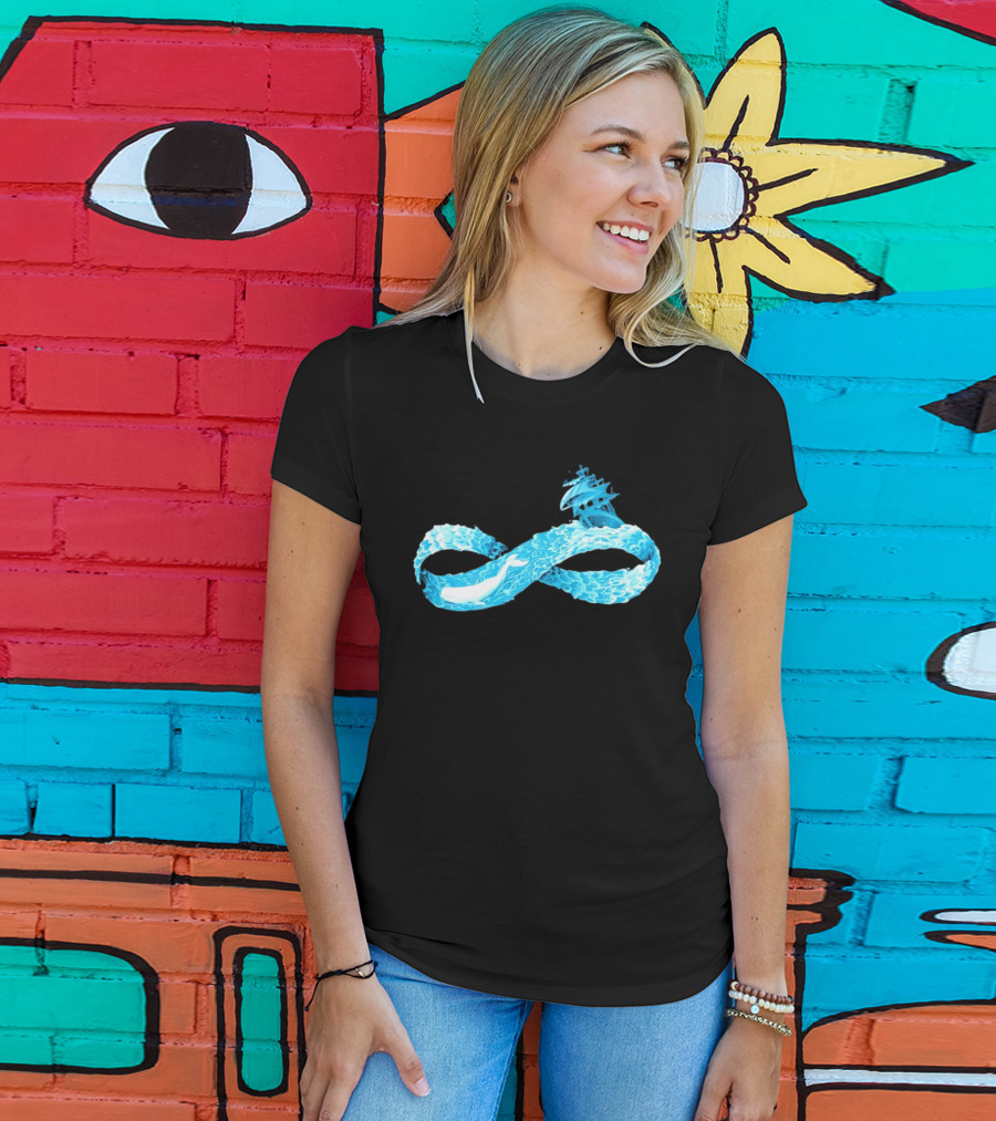 Infinity Symbol With Whale Swimming Beneath Sailing Ship Formed By Ocean Waves T-Shirt