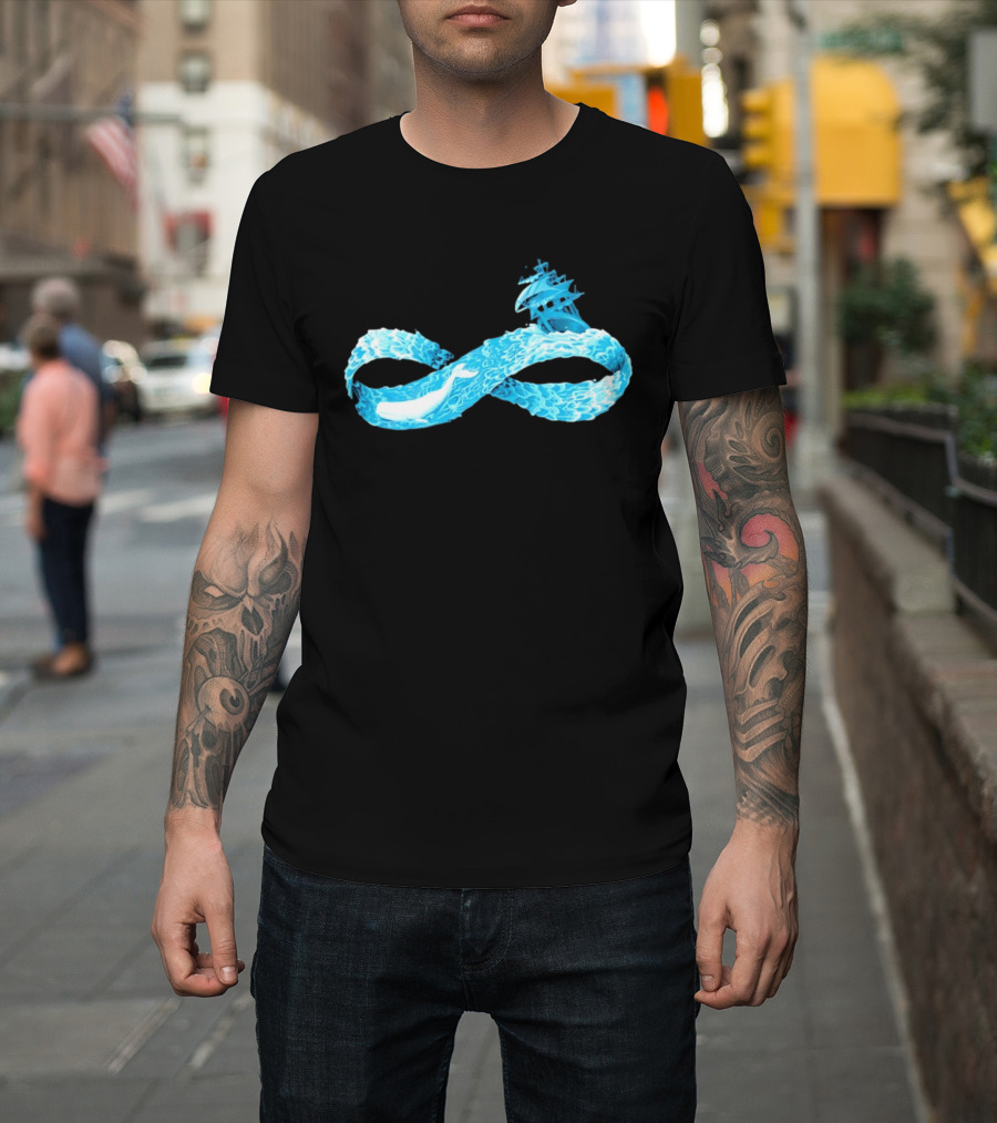 Infinity Symbol With Whale Swimming Beneath Sailing Ship Formed By Ocean Waves T-Shirt
