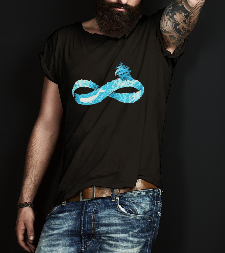 Infinity Symbol With Whale Swimming Beneath Sailing Ship Formed By Ocean Waves T-Shirt