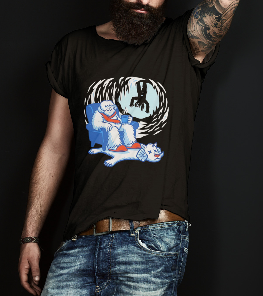 Yeti Relaxing In A Chair With Hot Drink And Abominable Snowman Rug T-Shirt
