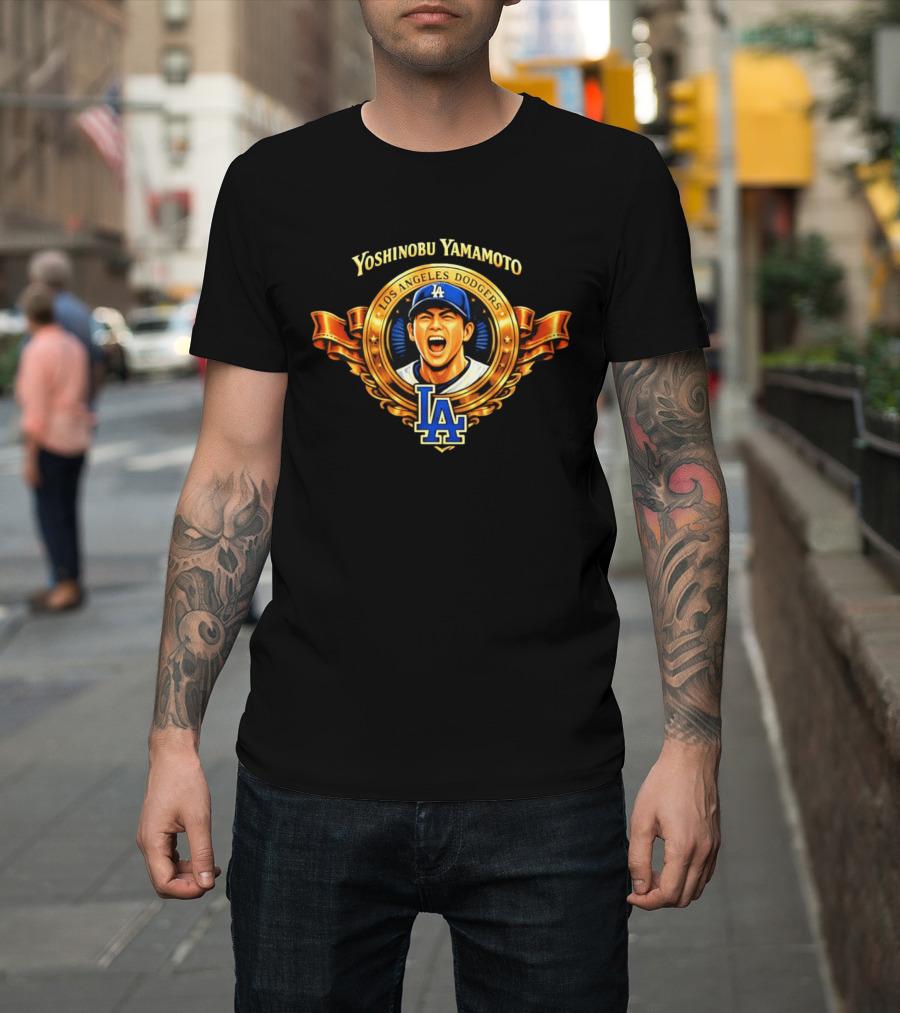 Yoshinobu Yamamoto Los Angeles Dodgers LA Gold Crest T-Shirt