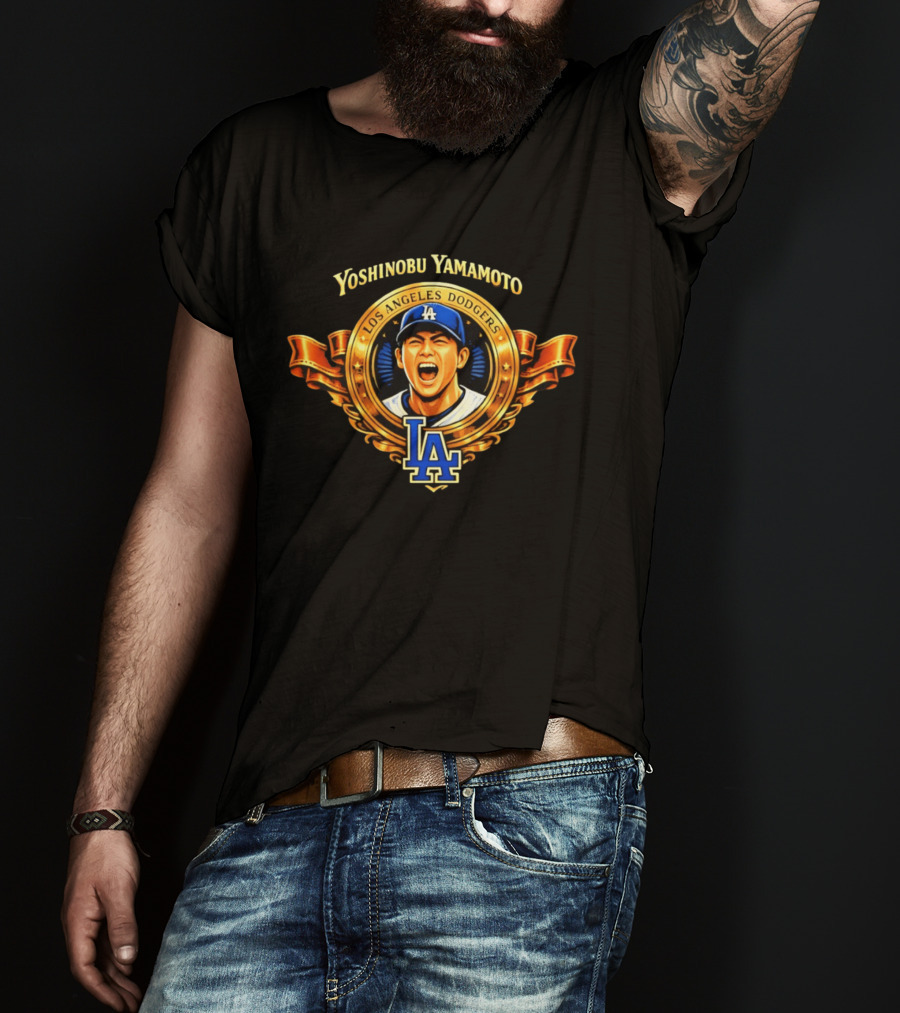 Yoshinobu Yamamoto Los Angeles Dodgers LA Gold Crest T-Shirt