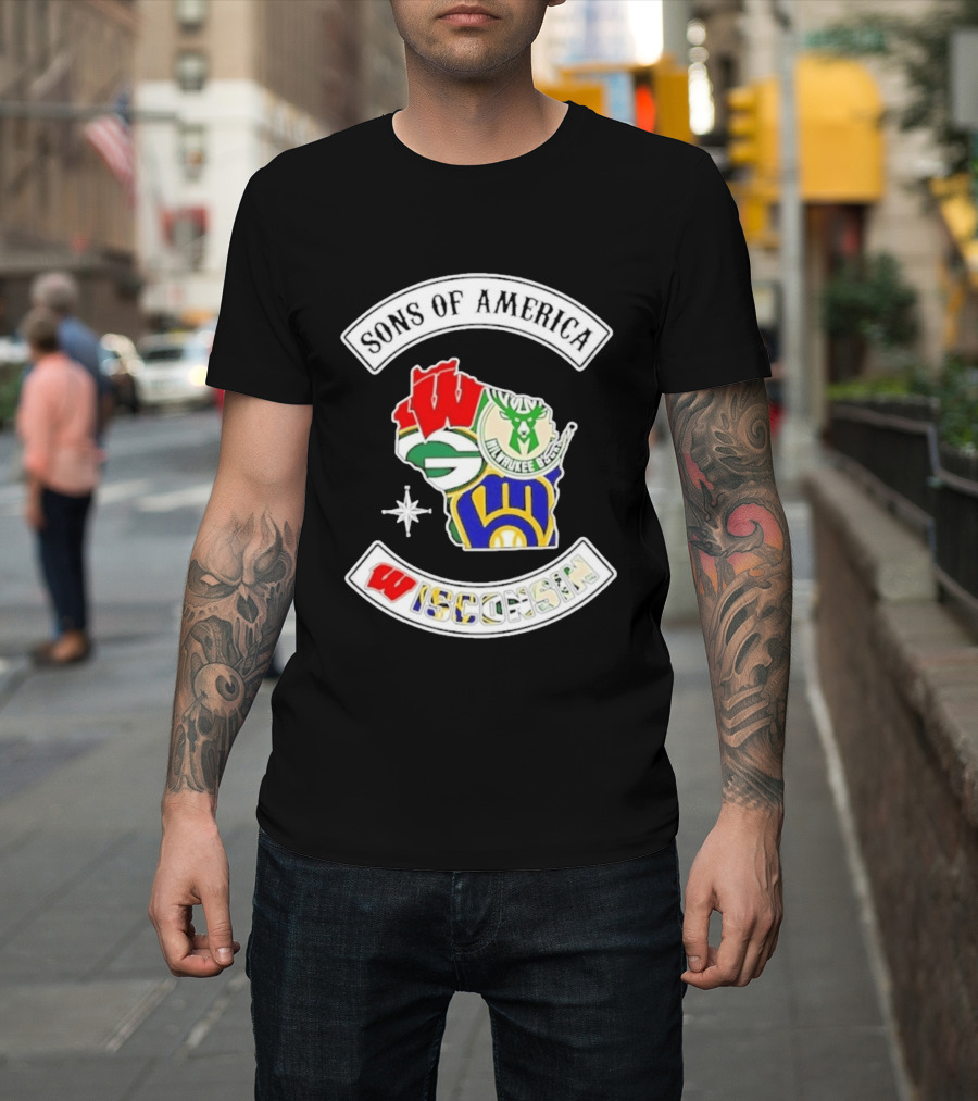 Sons Of America Wisconsin Map Milwaukee Brewers Green Bay Packers Badgers Bucks T-Shirt
