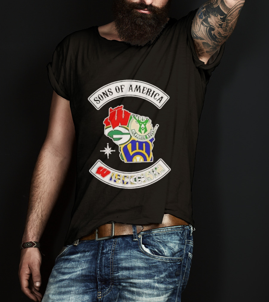 Sons Of America Wisconsin Map Milwaukee Brewers Green Bay Packers Badgers Bucks T-Shirt
