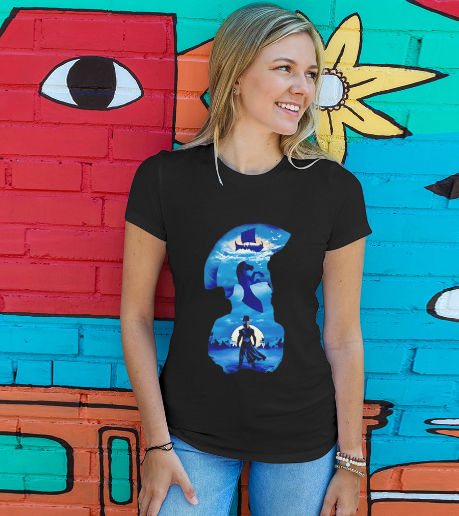 Spartan Warrior With Trojan Horse And Ancient Ship In Mythical Blue Scene T-Shirt