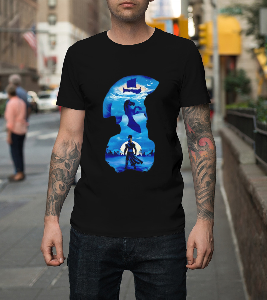 Spartan Warrior With Trojan Horse And Ancient Ship In Mythical Blue Scene T-Shirt