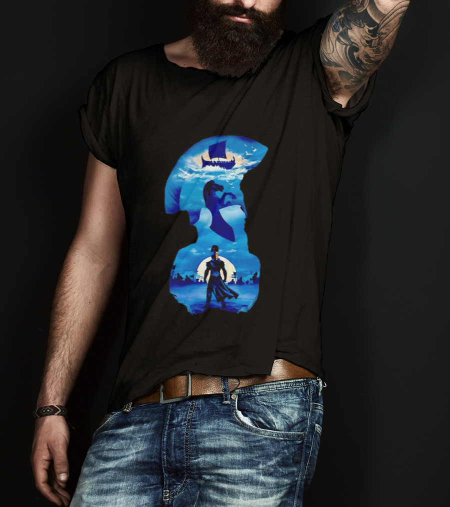 Spartan Warrior With Trojan Horse And Ancient Ship In Mythical Blue Scene T-Shirt