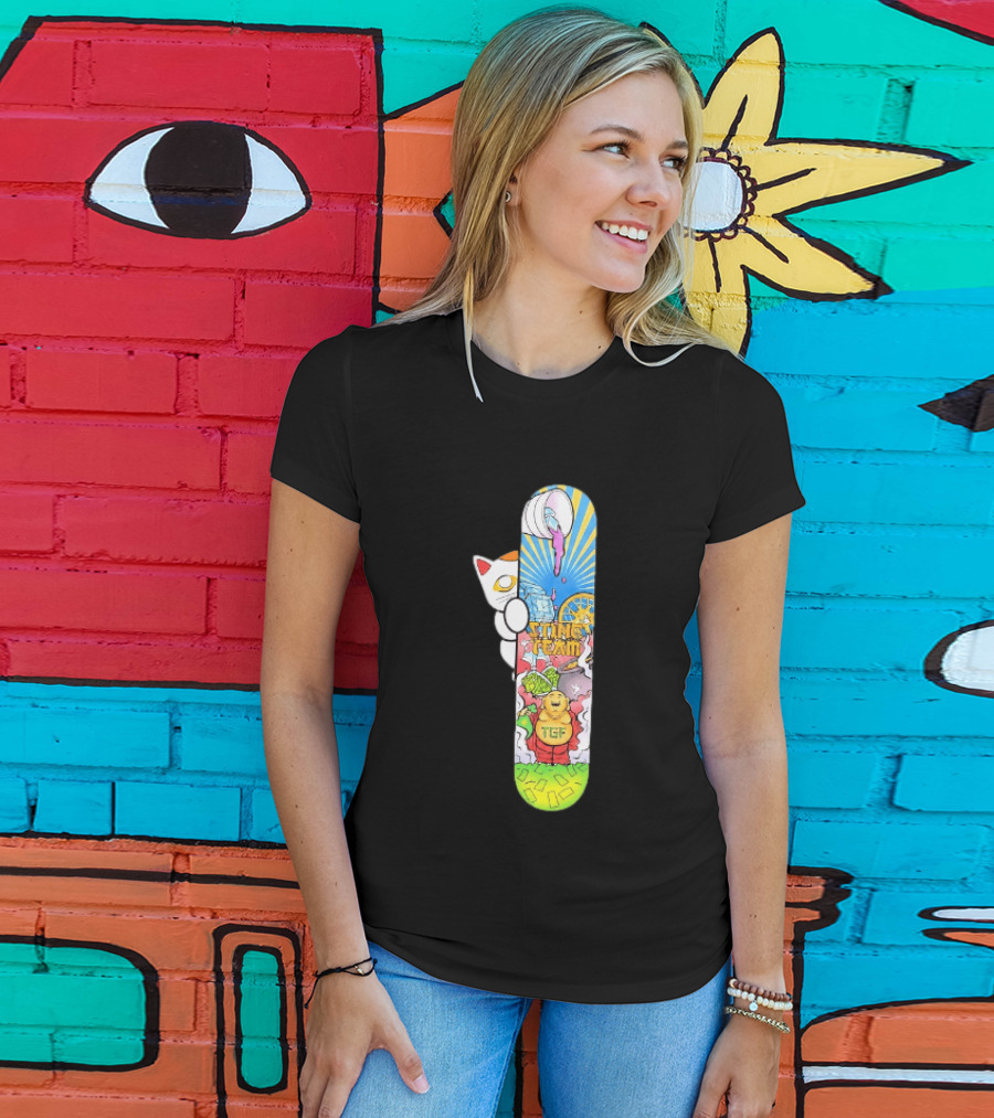 Stinc Team TGF Buddha Cat With Skateboard And Dripping Paint Aesthetic T-Shirt