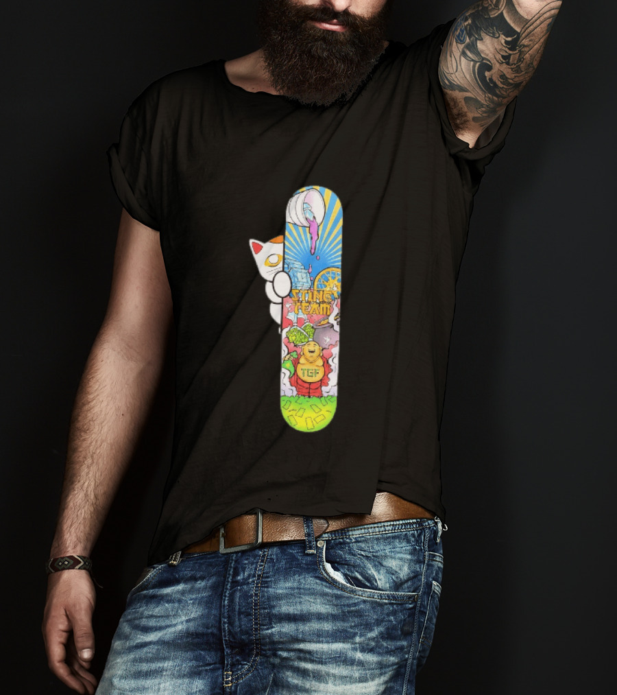 Stinc Team TGF Buddha Cat With Skateboard And Dripping Paint Aesthetic T-Shirt