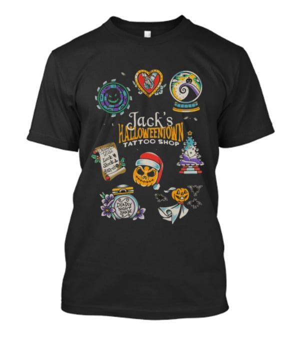 Jack's Halloweentown Tattoo Shop Oogie Boogie Santa Skull Lock Shock Barrel T-Shirt
