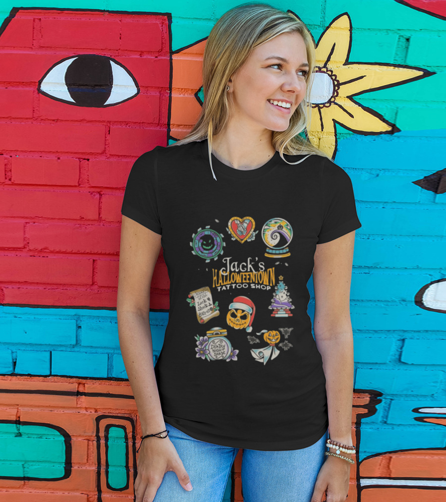Jack's Halloweentown Tattoo Shop Oogie Boogie Santa Skull Lock Shock Barrel T-Shirt