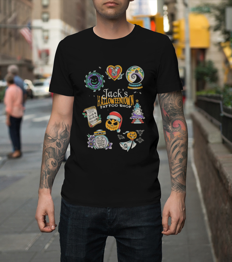 Jack's Halloweentown Tattoo Shop Oogie Boogie Santa Skull Lock Shock Barrel T-Shirt