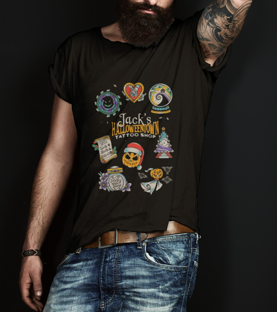 Jack's Halloweentown Tattoo Shop Oogie Boogie Santa Skull Lock Shock Barrel T-Shirt