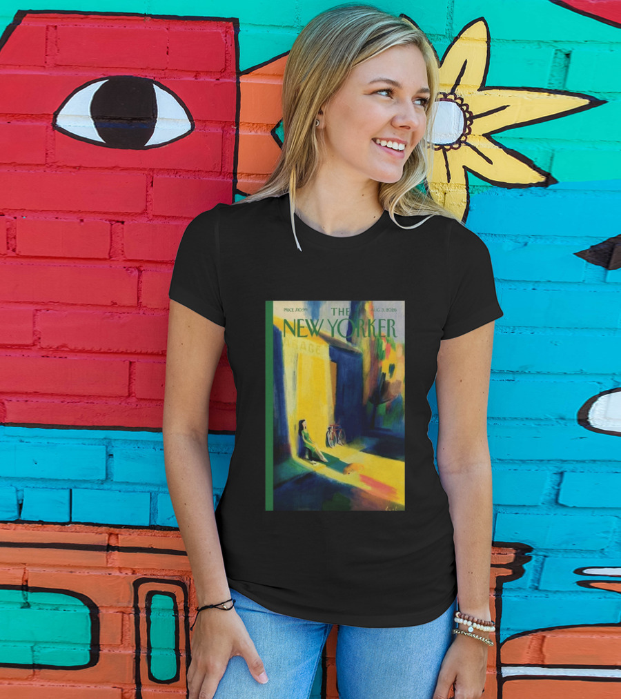 The New Yorker August 3 2026 Pierre Emmanuel Lyet Cover Art Female Figure With Bicycle In Vibrant Alley Scene T-Shirt