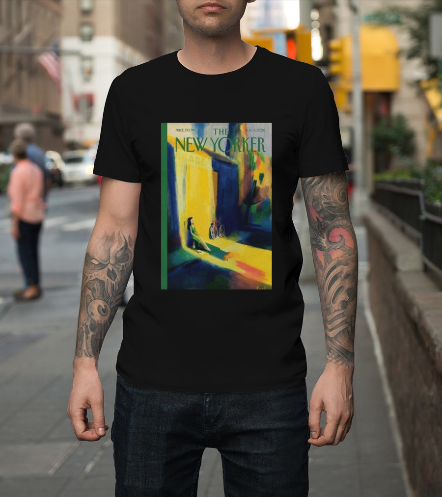 The New Yorker August 3 2026 Pierre Emmanuel Lyet Cover Art Female Figure With Bicycle In Vibrant Alley Scene T-Shirt