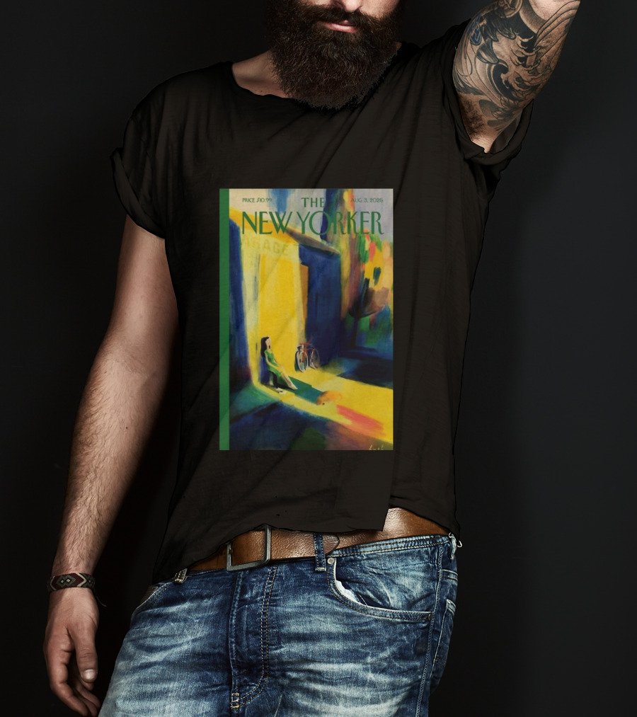 The New Yorker August 3 2026 Pierre Emmanuel Lyet Cover Art Female Figure With Bicycle In Vibrant Alley Scene T-Shirt