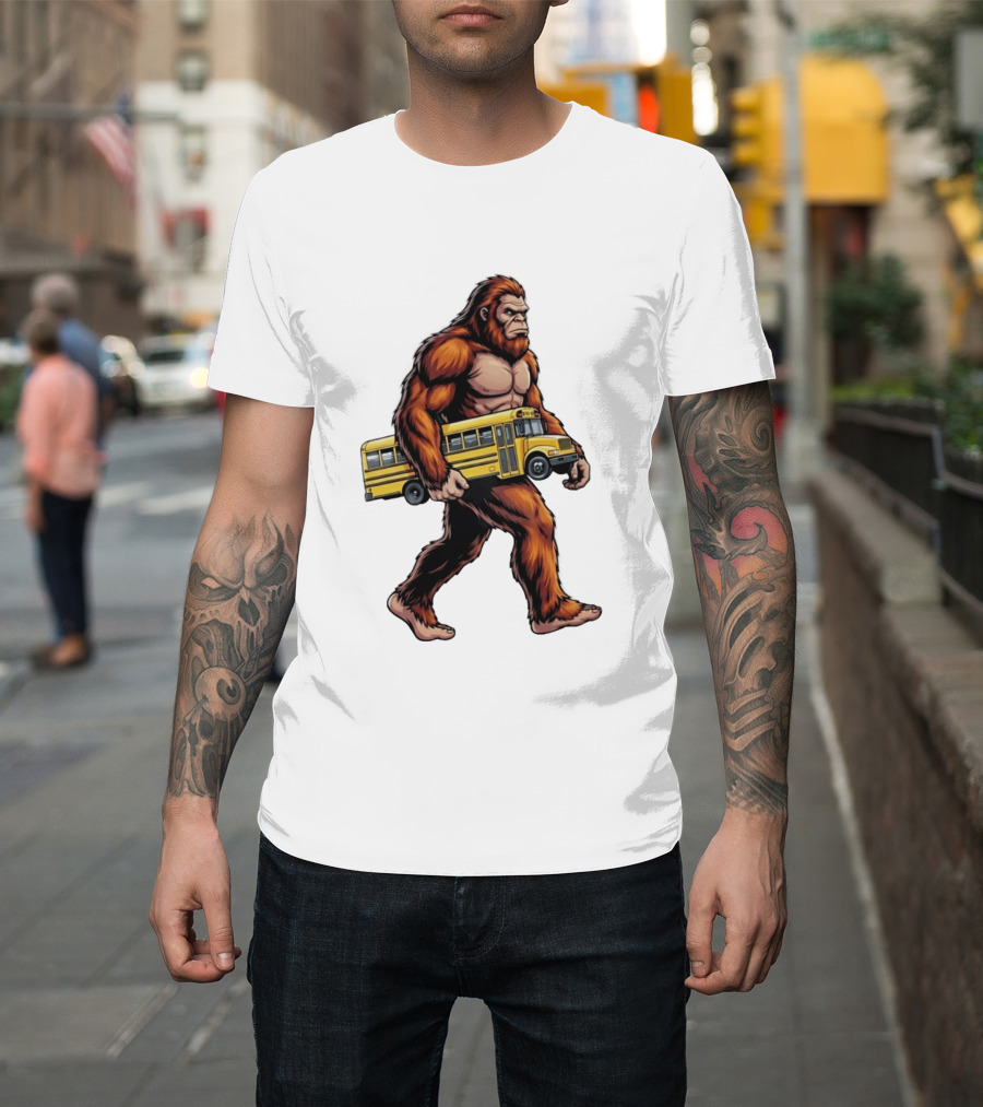 Bigfoot Sasquatch Carrying Yellow School Bus T-Shirt