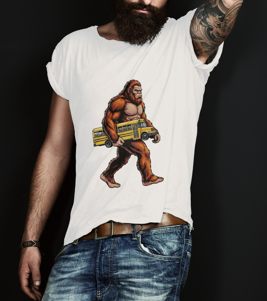 Bigfoot Sasquatch Carrying Yellow School Bus T-Shirt