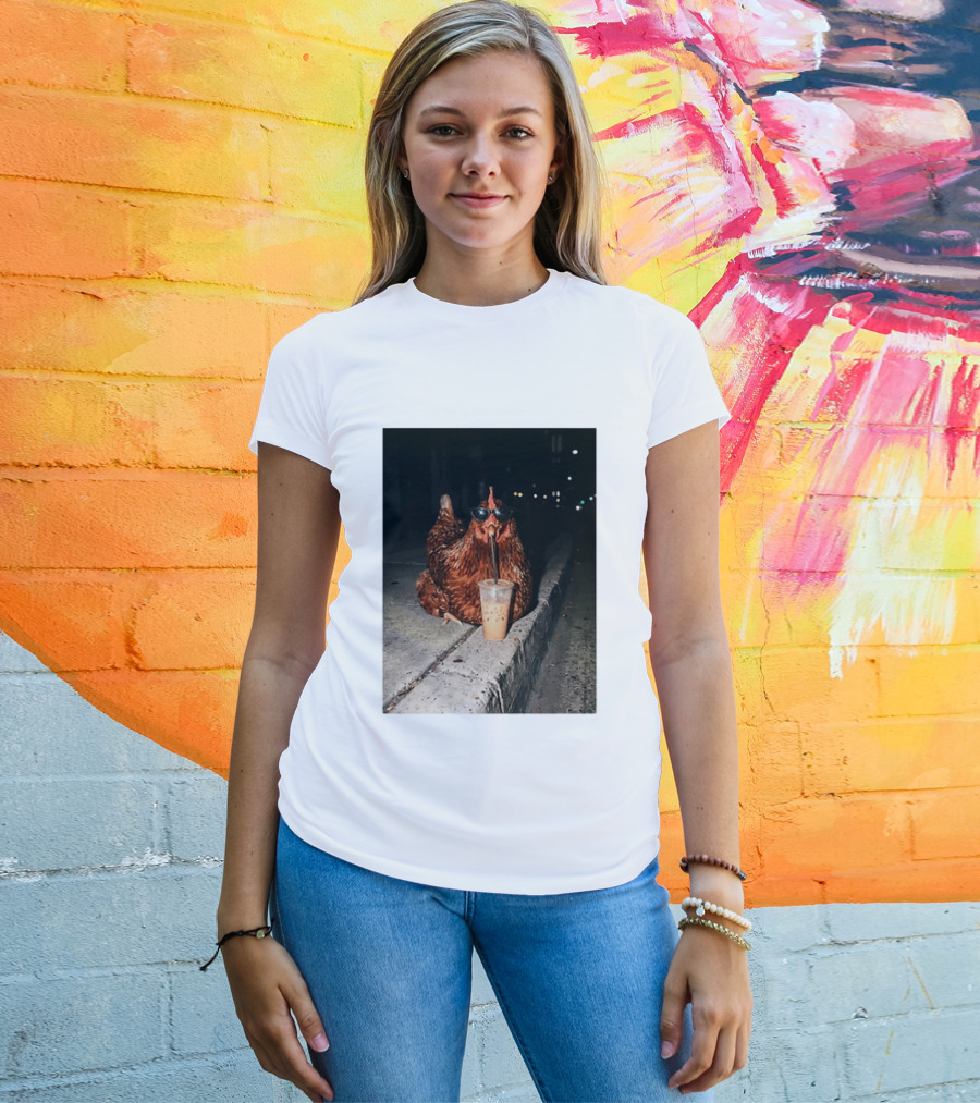 Chicken Wearing Sunglasses Drinking Iced Coffee At Night T-Shirt