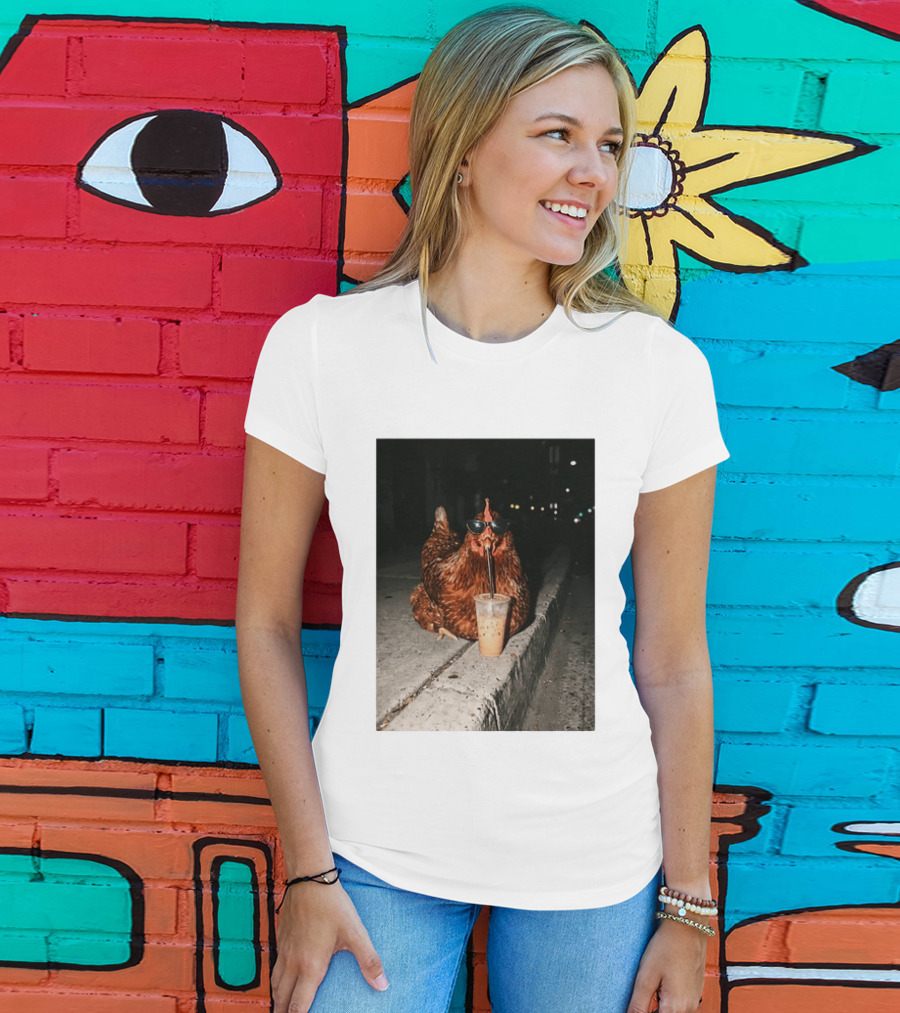 Chicken Wearing Sunglasses Drinking Iced Coffee At Night T-Shirt