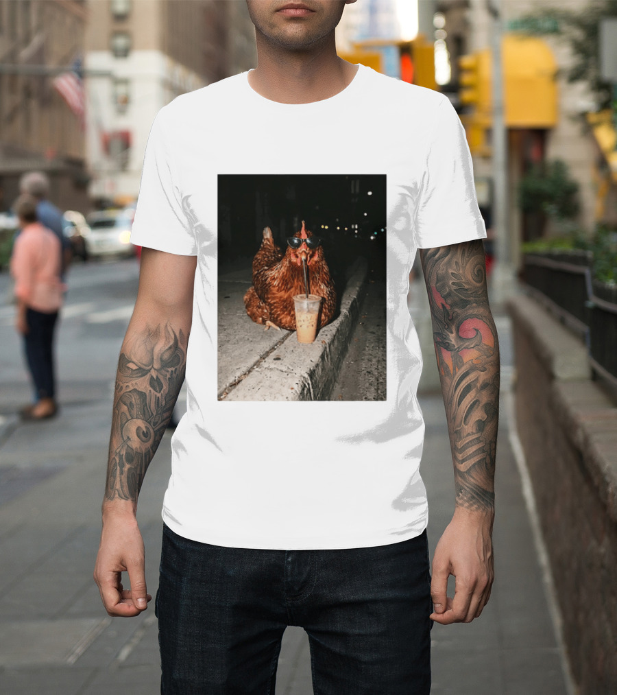 Chicken Wearing Sunglasses Drinking Iced Coffee At Night T-Shirt