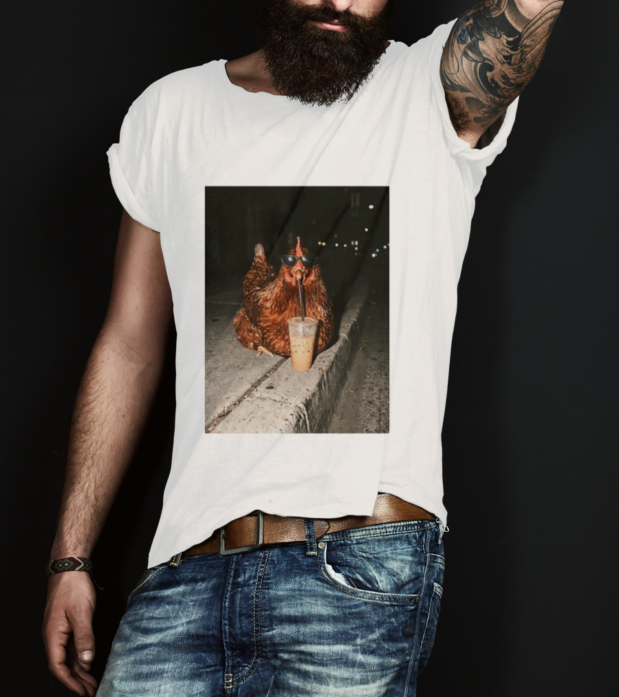 Chicken Wearing Sunglasses Drinking Iced Coffee At Night T-Shirt