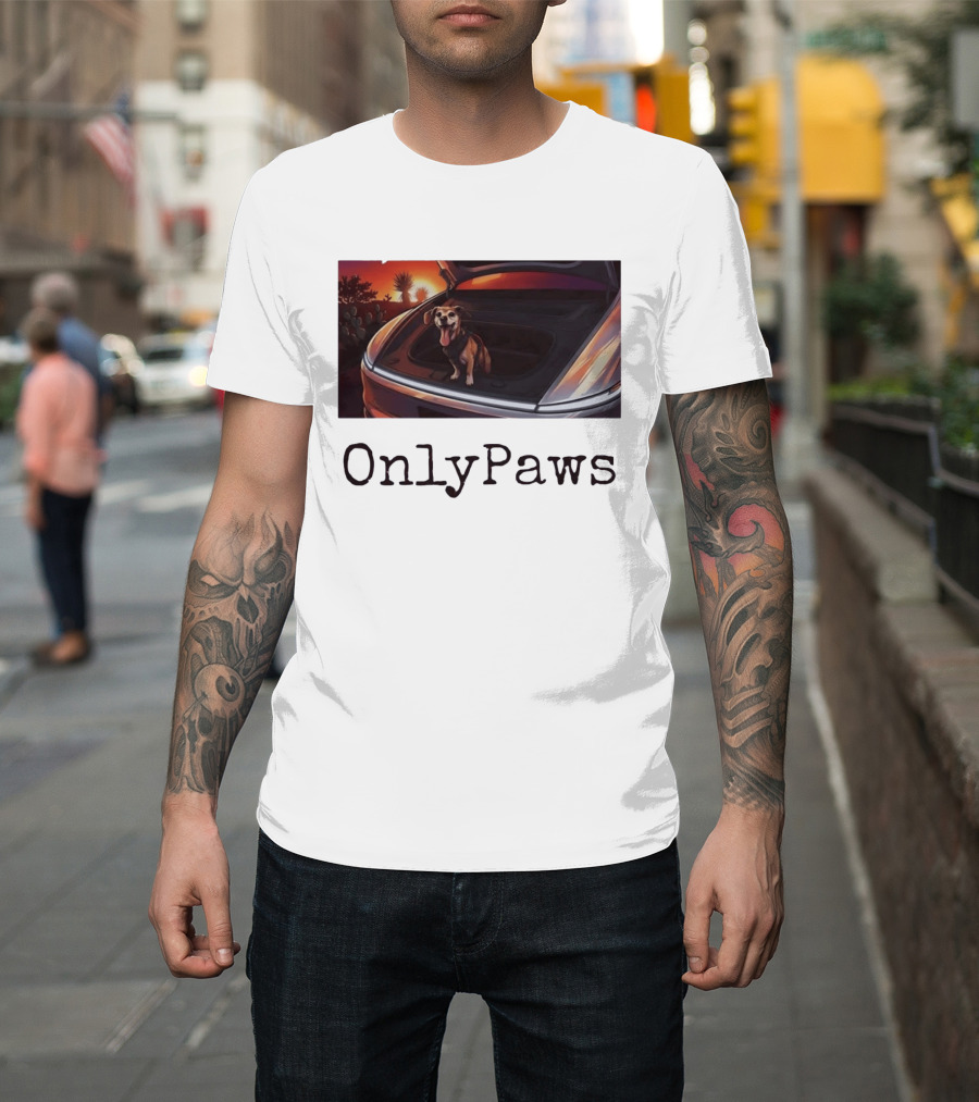 OnlyPaws Dog In Car Trunk At Sunset Desert Scene T-Shirt