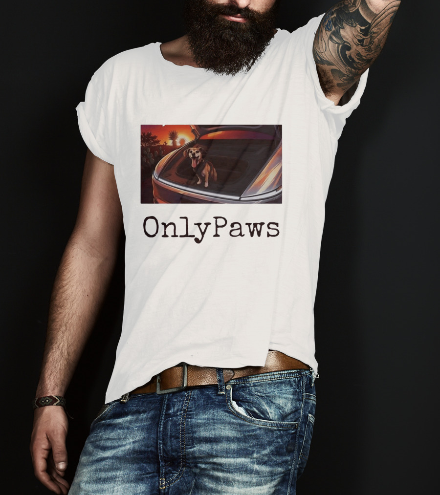 OnlyPaws Dog In Car Trunk At Sunset Desert Scene T-Shirt