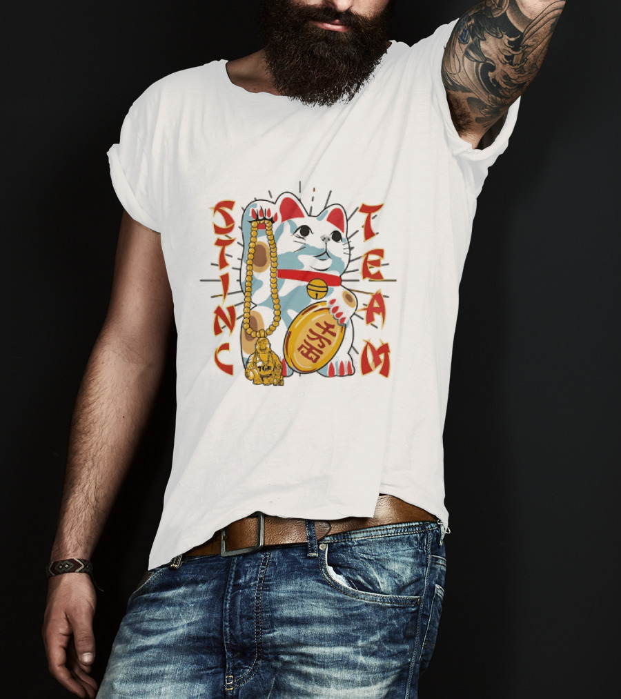 Stinc Team TGF Maneki Neko Lucky Cat With Buddha Figurine T-Shirt