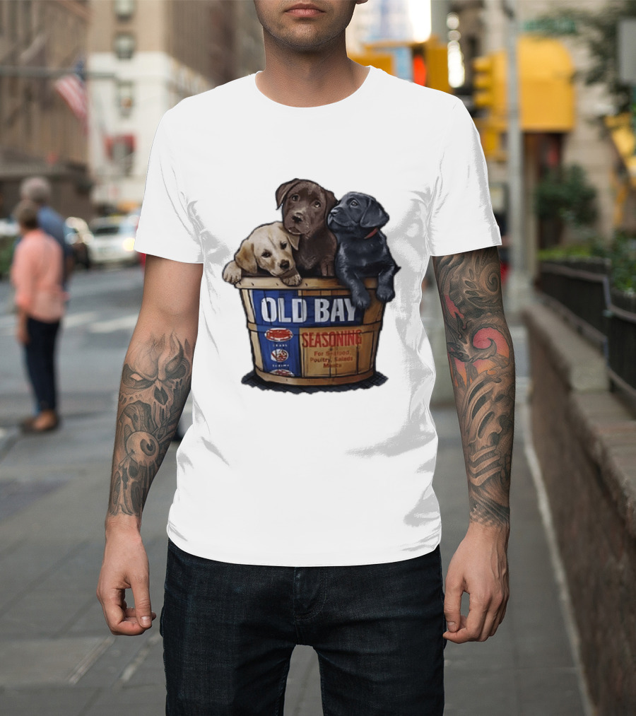 Old Bay Seasoning Labrador Puppies In Bushel Basket For Seafood Poultry Salads Meats T-Shirt