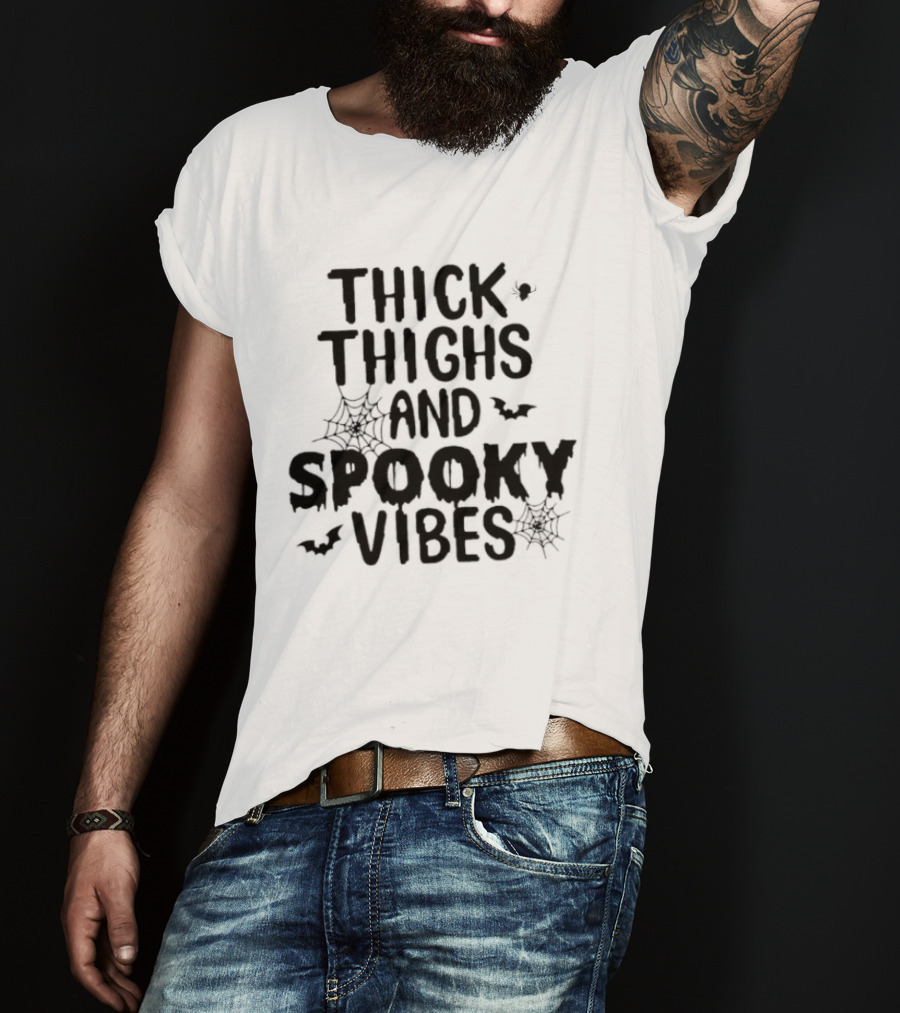 Thick Thighs And Spooky Vibes Halloween 2025 Cartoon With Bats And Spiderwebs T-Shirt