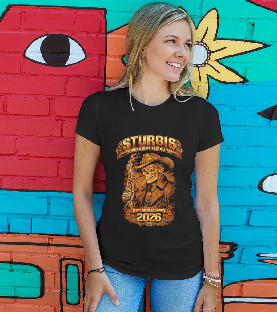 Sturgis Motorcycle Rally 2026 86th Anniversary Steampunk Cowboy Skull T-Shirt