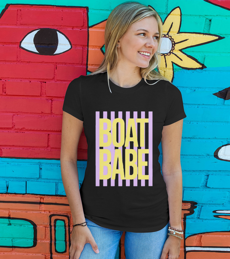 Boat Babe Distressed Striped Nautical Violet Yellow Letters T-Shirt
