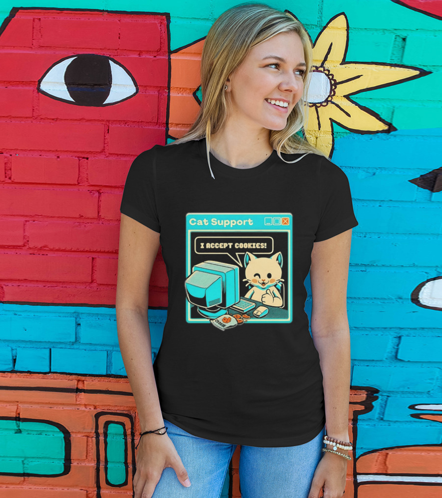 Cat Support I Accept Cookies Computer Cartoon Comic T-Shirt