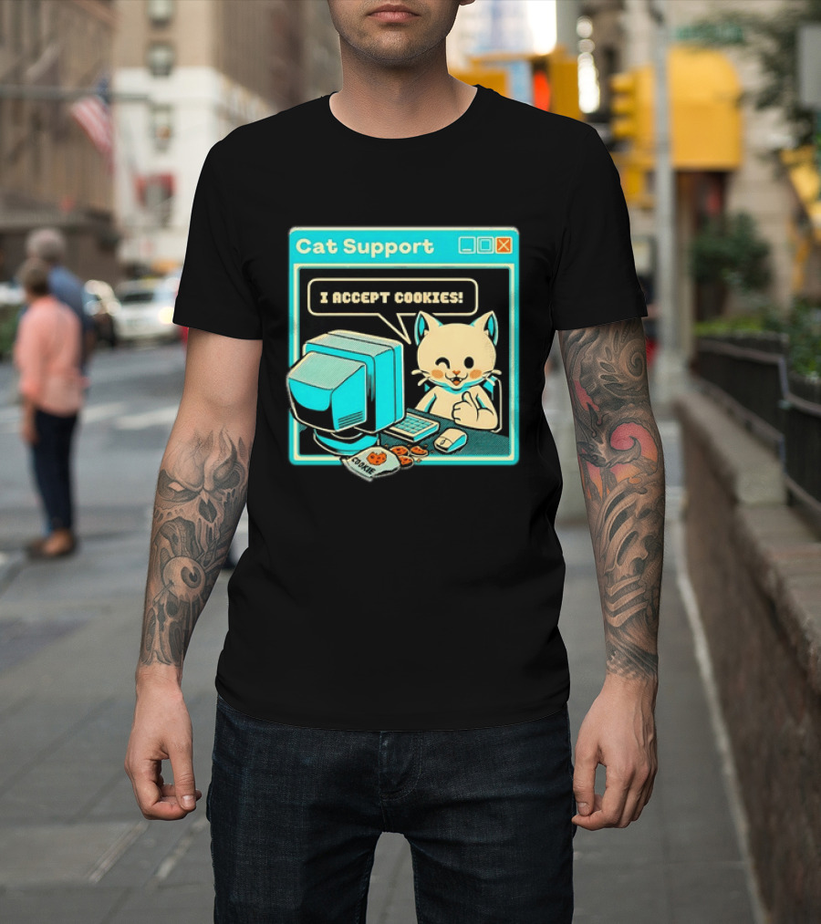 Cat Support I Accept Cookies Computer Cartoon Comic T-Shirt
