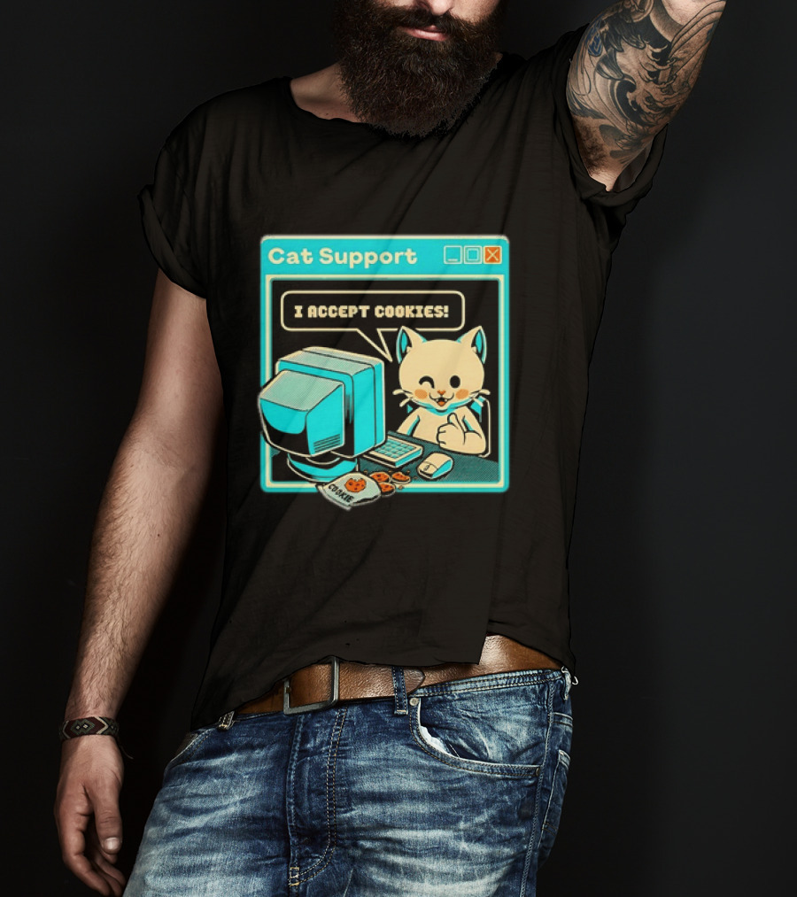 Cat Support I Accept Cookies Computer Cartoon Comic T-Shirt
