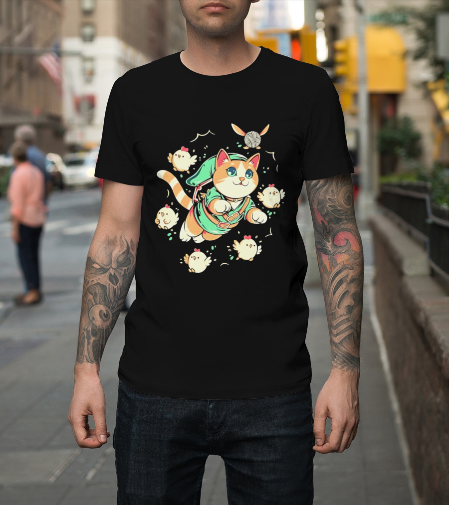 Fantasy Adventurer Cat In Green Tunic With Chickens And Yarn Ball T-Shirt