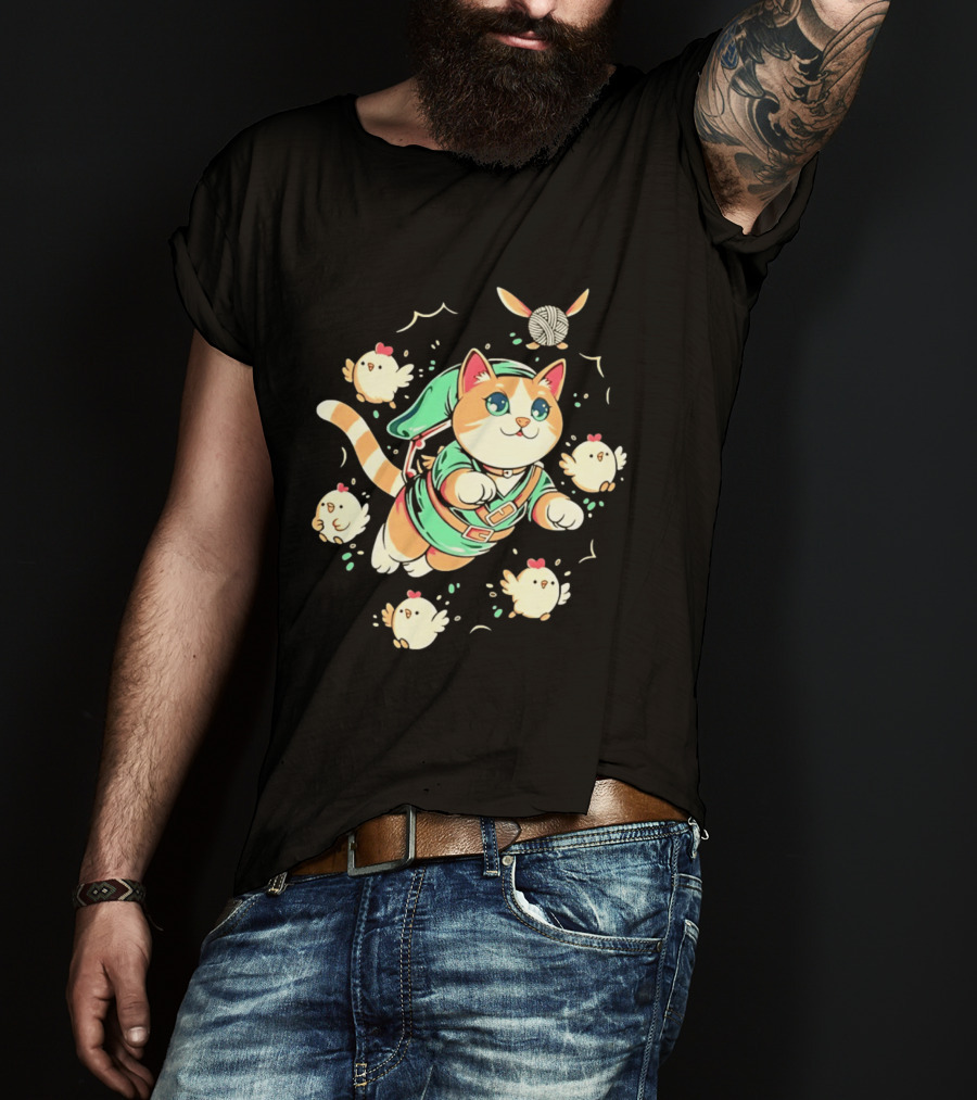 Fantasy Adventurer Cat In Green Tunic With Chickens And Yarn Ball T-Shirt